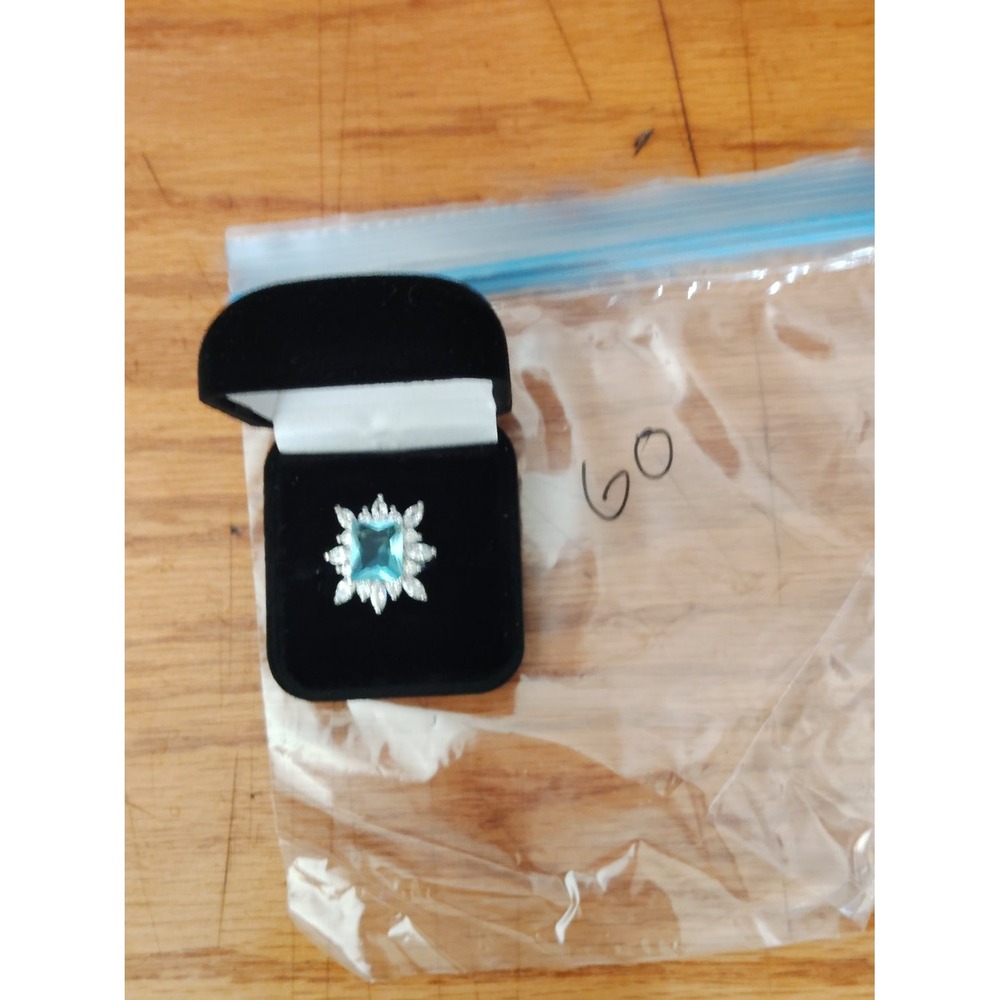 S925 Sterling Silver Blue Topaz CZ Halo Cocktail Ring Size 7 Emerald Cut Womens